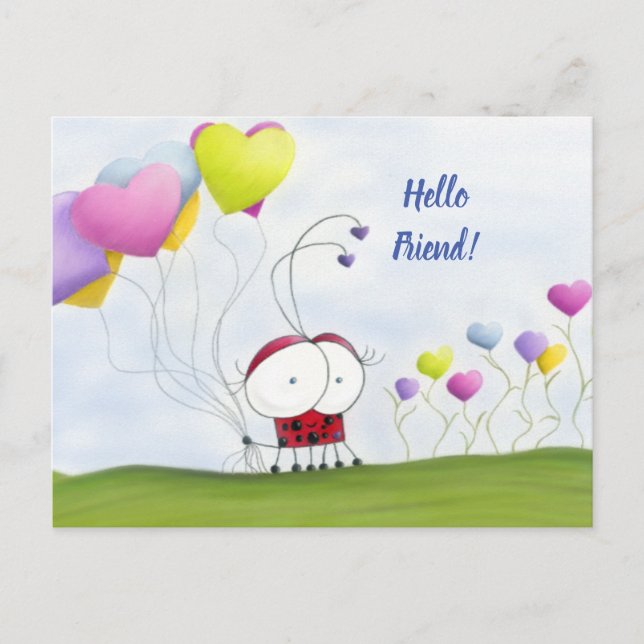 Charming Ladybug with Colorful Heart Balloons Postcard (Front)