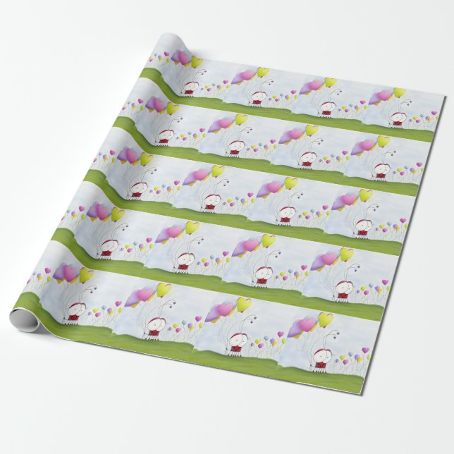 Charming Ladybug with Colorful Heart Balloons Wrapping Paper (Unrolled)