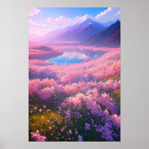 Charming Lake Surrounded by Pink Flowers Poster