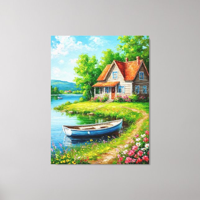 Charming Lakeside Cottage with a Boat Canvas Print (Front)