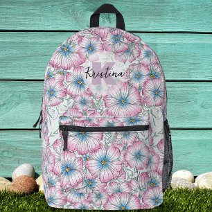 Charming Large Pink Blue Blooming Flowers Printed Backpack
