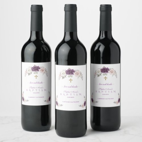 Charming Lavender Blush White Floral Baptism Wine Label