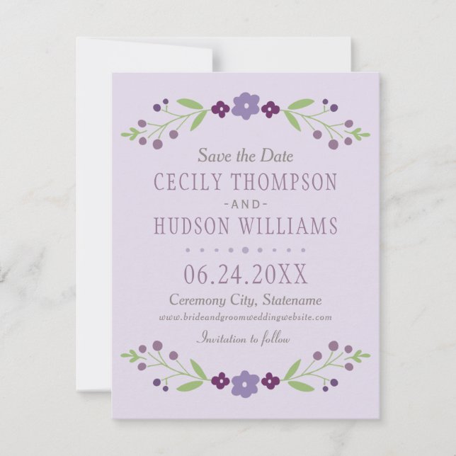 Charming Lavender Floral Garland Wedding Save The Date (Front)
