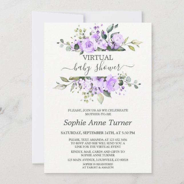 Charming Lavender Flowers Virtual Baby Shower Invitation (Front)