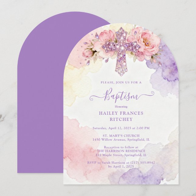 Charming Lavender Glitter Floral Cross Baptism Invitation (Front/Back)