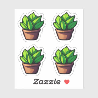 Charming Leafy Green Potted Plant Sticker in Rusti