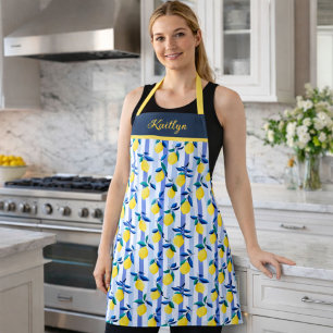 Charming Lemons Blue Stripe Mediterranean Pattern Apron