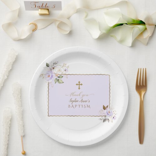 Charming Light Purple Gold Flowers Baptism  Paper Plates