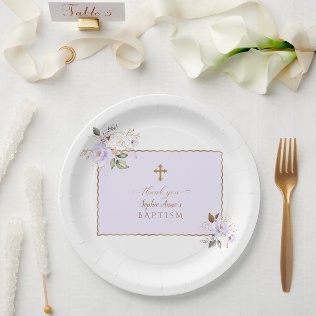 Charming Light Purple Gold Flowers Baptism  Paper Plates (Wedding)