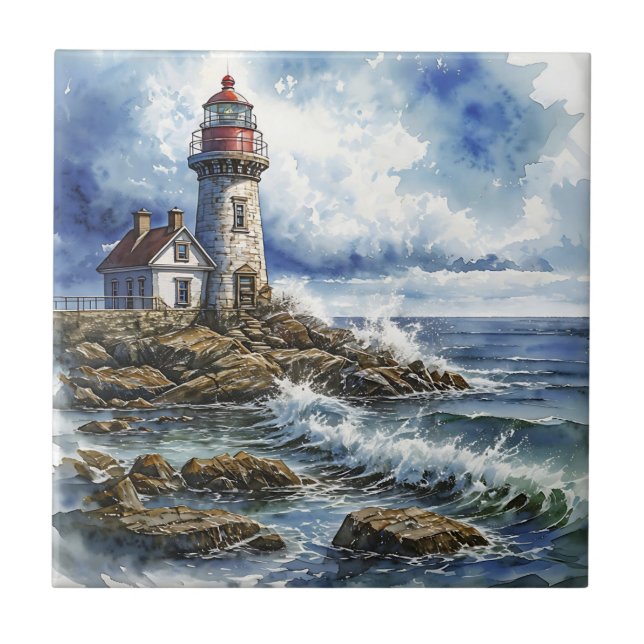Charming Lighthouse with Waves Ceramic Tile (Front)