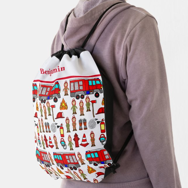 Charming Little Firefighters and Red Fire Engine  Drawstring Bag (Insitu)