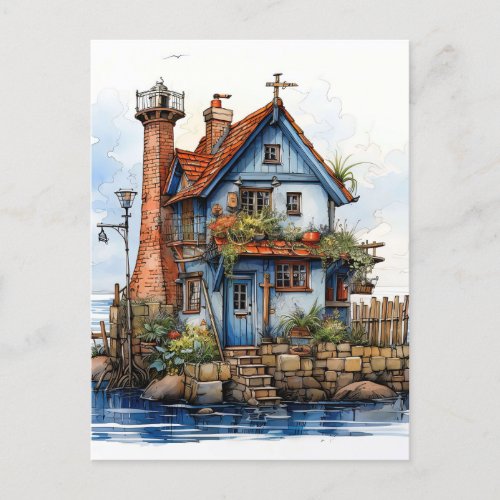 Charming Little Seaside Shack Art Postcard