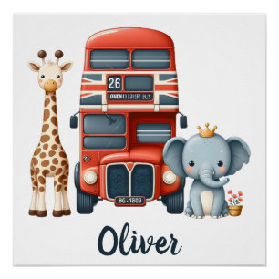 Charming London Bus with Giraffe & Elephant Poster