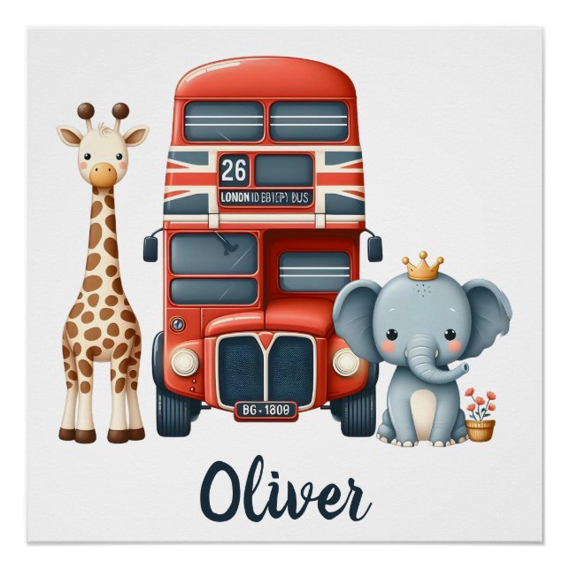 Charming London Bus with Giraffe & Elephant Poster (Front)