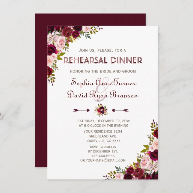 Charming Marsala Floral Fall Rehearsal Dinner Invitation (Front/Back)