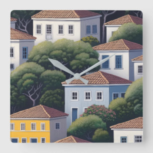 Charming Mediterranean Village Wall  Square Wall Clock