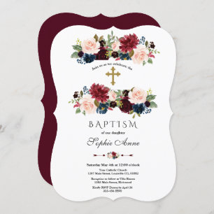Charming Merlot Navy Blue Floral Baptism Invitation