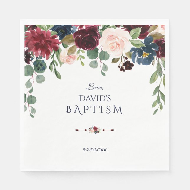 Charming Merlot Navy Blue Floral Baptism Napkins (Front)