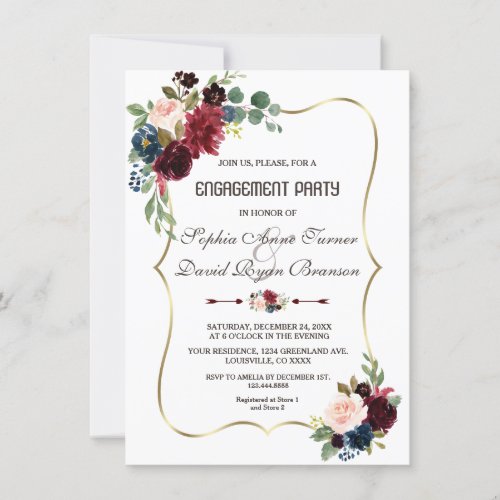 Charming Merlot Navy Blue Floral Engagement Party Invitation