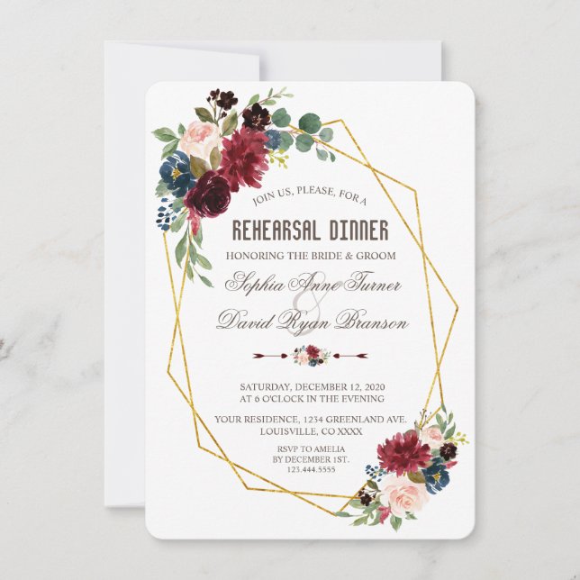 Charming Merlot Navy Blue Floral Rehearsal Dinner Invitation (Front)