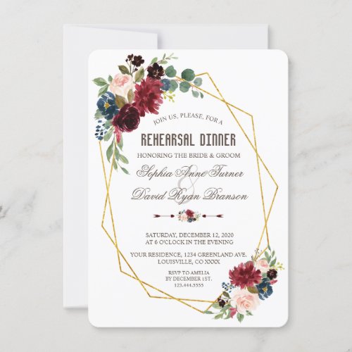 Charming Merlot Navy Blue Floral Rehearsal Dinner Invitation