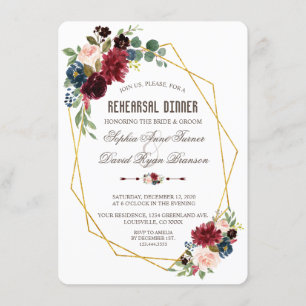 Charming Merlot Navy Blue Floral Rehearsal Dinner Invitation