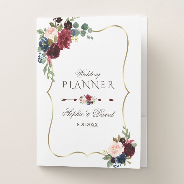 Charming Merlot Navy Blue Floral Wedding Planner Pocket Folder (Front)