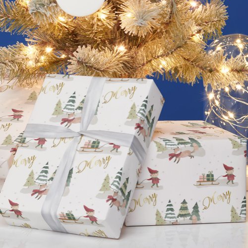 Charming Merry Christmas Trees Elves Gifts Wrapping Paper