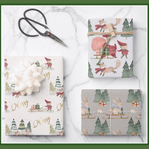 Charming Merry Christmas Trees Santa Sleigh Elves Wrapping Paper Sheets