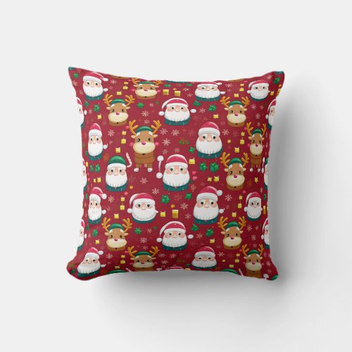 Charming Mini Santa and Reindeer Christmas Pattern Throw Pillow