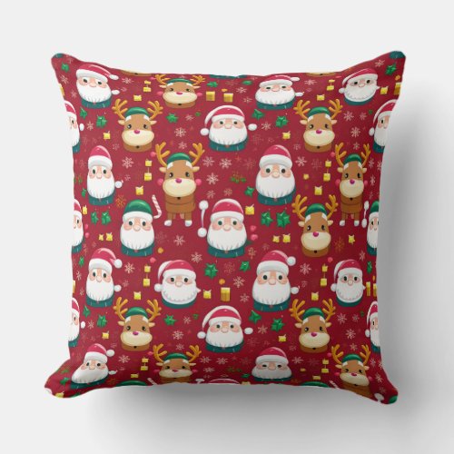 Charming Mini Santa and Reindeer Christmas Pattern Throw Pillow