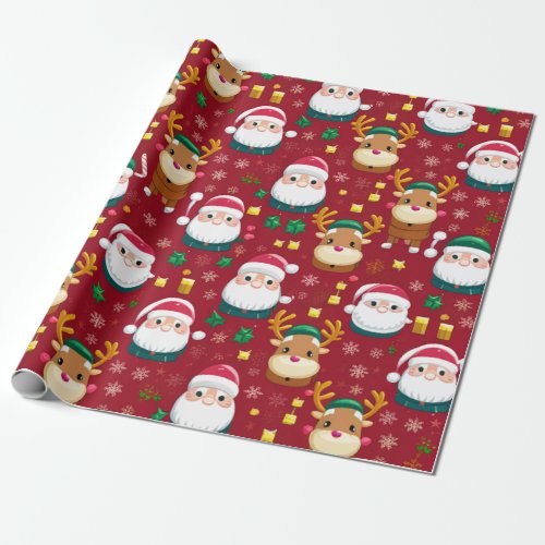 Charming Mini Santa and Reindeer Christmas Pattern Wrapping Paper