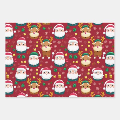 Charming Mini Santa and Reindeer Christmas Pattern Wrapping Paper Sheets