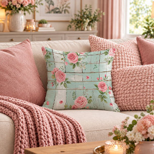 Charming Mint Pink Shabby Chic Roses Pillow Art
