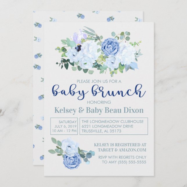 Charming & Modern Blue Floral Brunch Invitation (Front/Back)