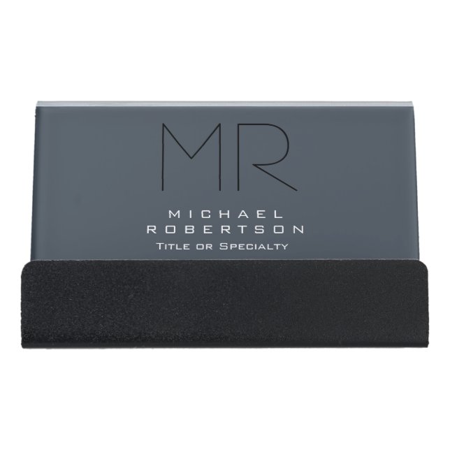 Charming Modern Monogram Gray Clean Desk Business Card Holder (Front)