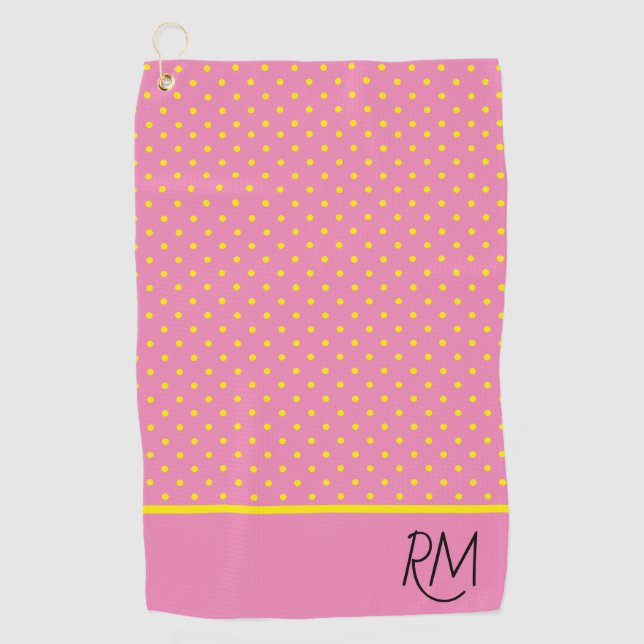 Charming Monogrammed Pink with Yellow Polka Dots Golf Towel (Front)