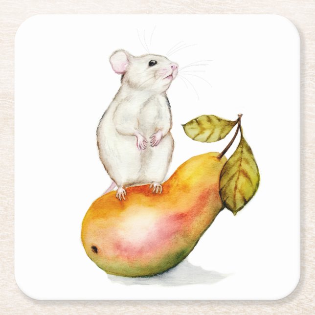 Charming Mouse on a Pear Square Paper Coaster (Front)