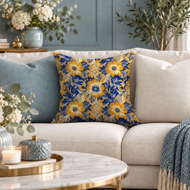 Charming Mustard Blue Flower Pattern Throw Pillow (Charming Mustard Blue Flower Pattern Throw Pillow)