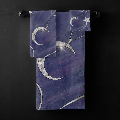 Charming Mystique  Silver Moon Stars Sun Amulet Bath Towel Set