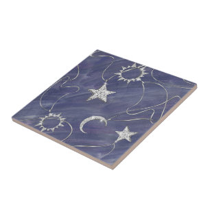 Charming Mystique Silver Moon Stars Sun Amulet Ceramic Tile
