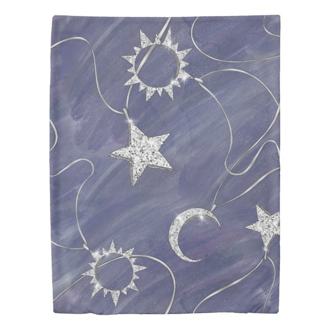 Charming Mystique | Silver Moon Stars Sun Amulet Duvet Cover (Front)