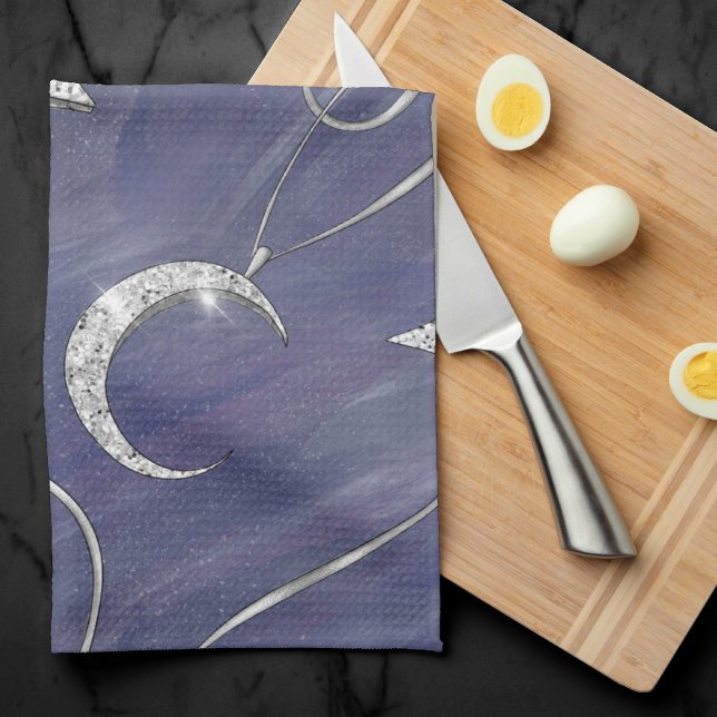 Charming Mystique | Silver Moon Stars Sun Amulet Kitchen Towel (Creator Uploaded)