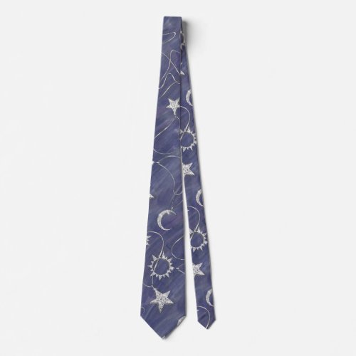Charming Mystique  Silver Moon Stars Sun Amulet Neck Tie