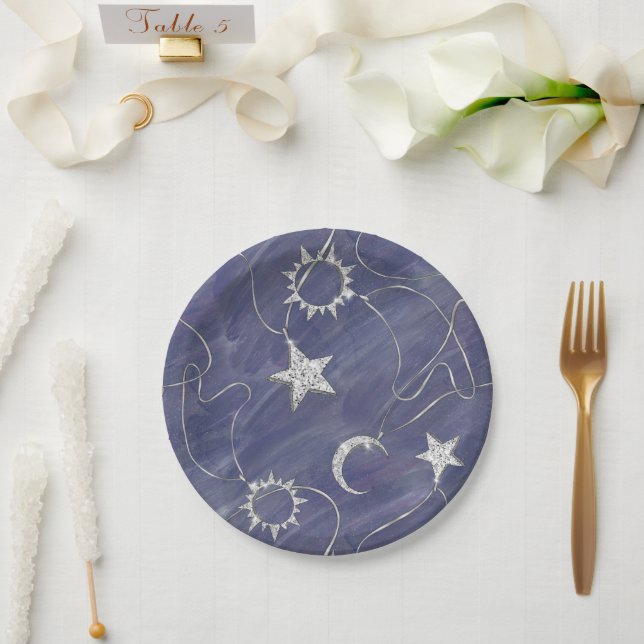 Charming Mystique | Silver Moon Stars Sun Amulet Paper Plates (Wedding)