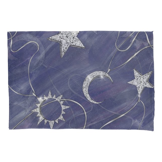 Charming Mystique | Silver Moon Stars Sun Amulet Pillow Case (Front)