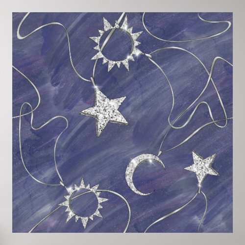 Charming Mystique  Silver Moon Stars Sun Amulet Poster