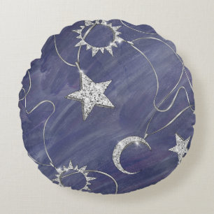 Charming Mystique Silver Moon Stars Sun Amulet Round Pillow