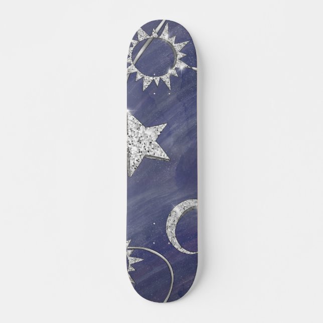 Charming Mystique | Silver Moon Stars Sun Amulet Skateboard (Front)