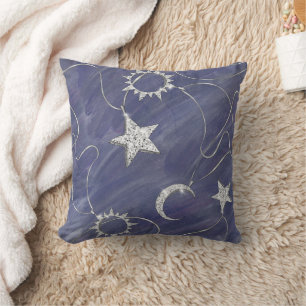 Charming Mystique   Silver Moon Stars Sun Amulet Throw Pillow